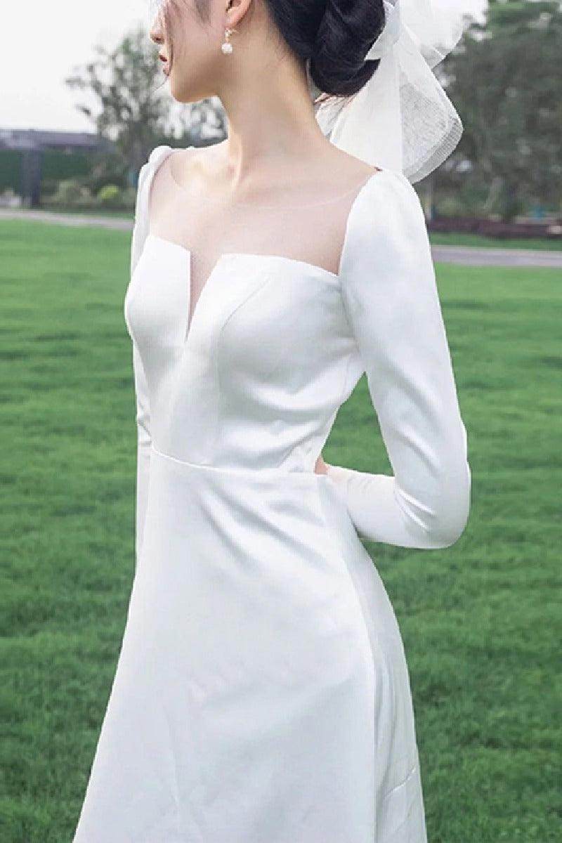 A-Line Sweep-Brush Train Satin Wedding Dress 684419472435 - COCOMELODY